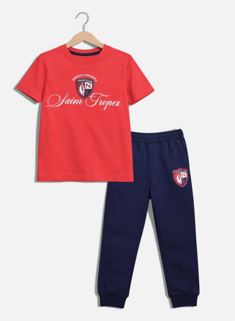 victor and jane Boys Saint Tropez T-Shirt & Navy Terry Joggers Set - Image 1